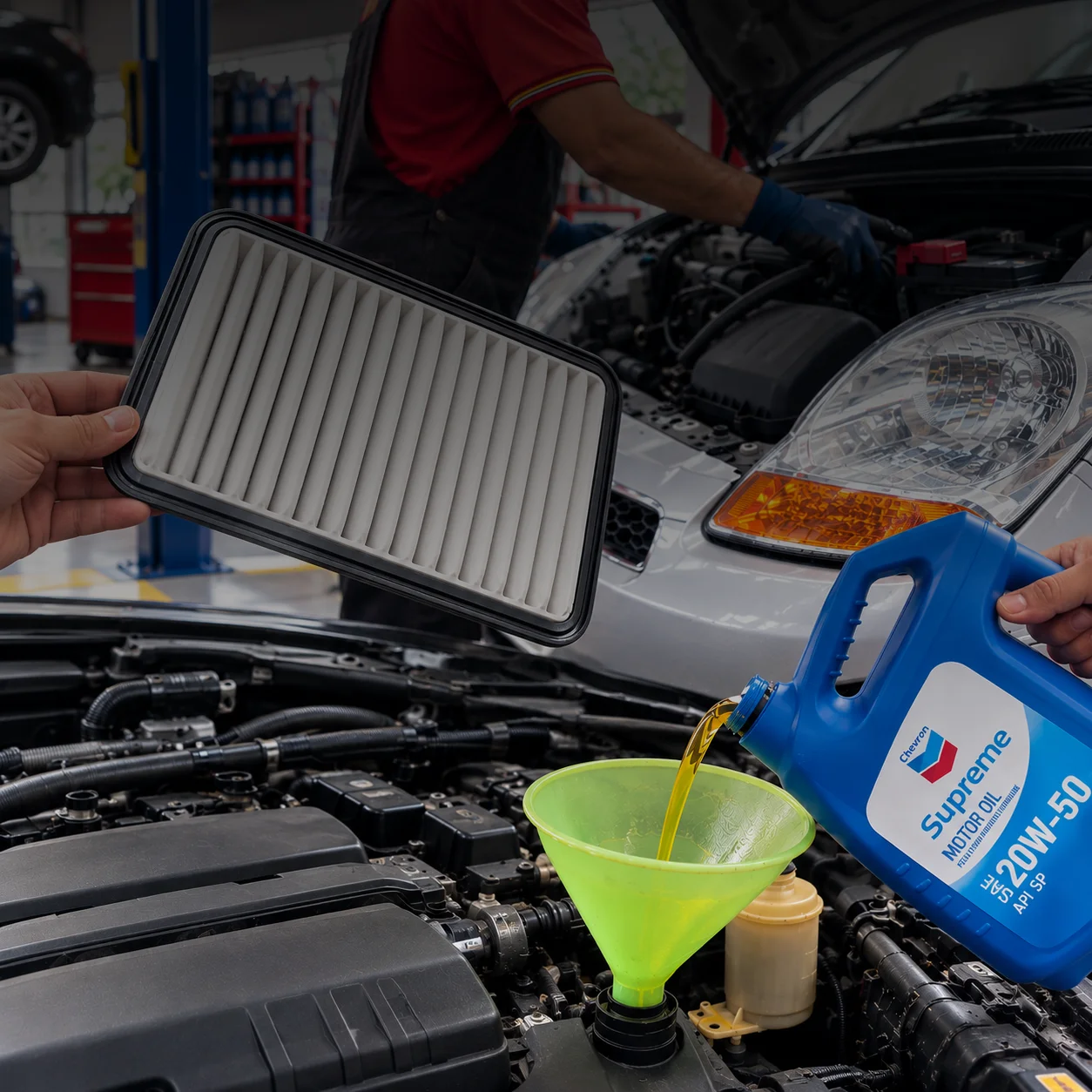 Técnico de Lubricentro Risel realizando cambio de aceite y cambio de filtros en Bucaramanga